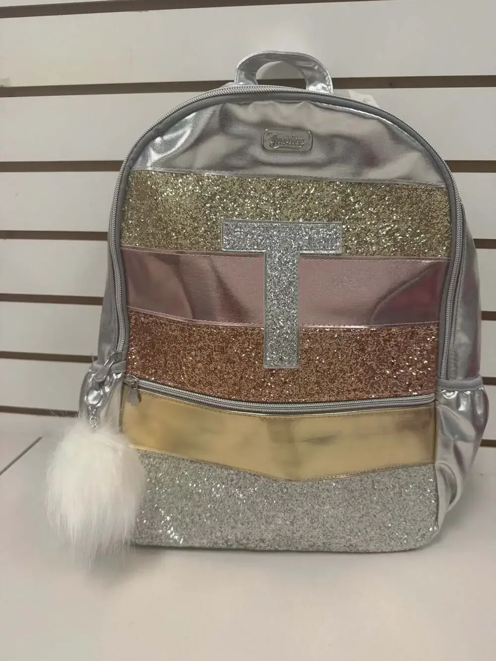 Justice Girls Metallic & Glitter Backpack & Lunch Box  Initial T NWT
